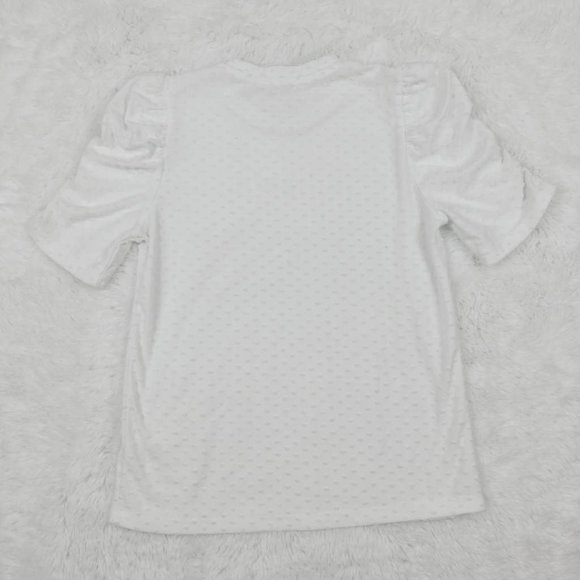 DR2 Womens Blouse White Knit Dot Crew Neck Puff Short Sleeve Pullover‎ XS New - Picture 2 of 8